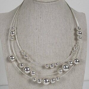KR Silver Tone Ball Bead Double Strand Wire Station Necklace 18.5 In Lobster